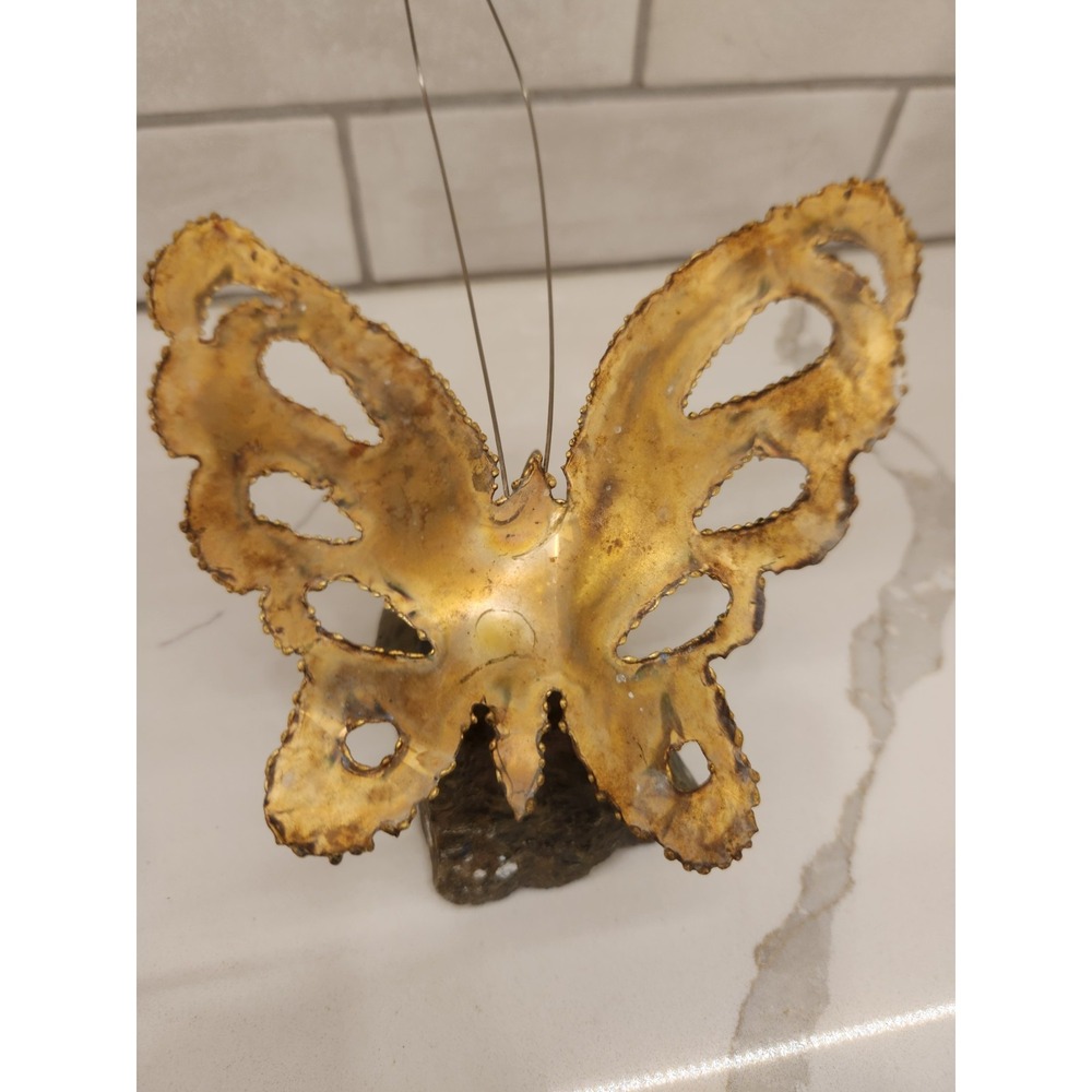 MCM Brutalist Kinetic Metal Art Sculpture Brass Butterfly on Real Rock Stone - Picture 5 of 14